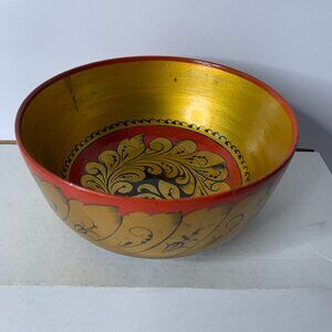 Vintage Russian (USSR) Khokhloma Hand Painted Lacquer Wooden Bowl  6.25" BY 3"